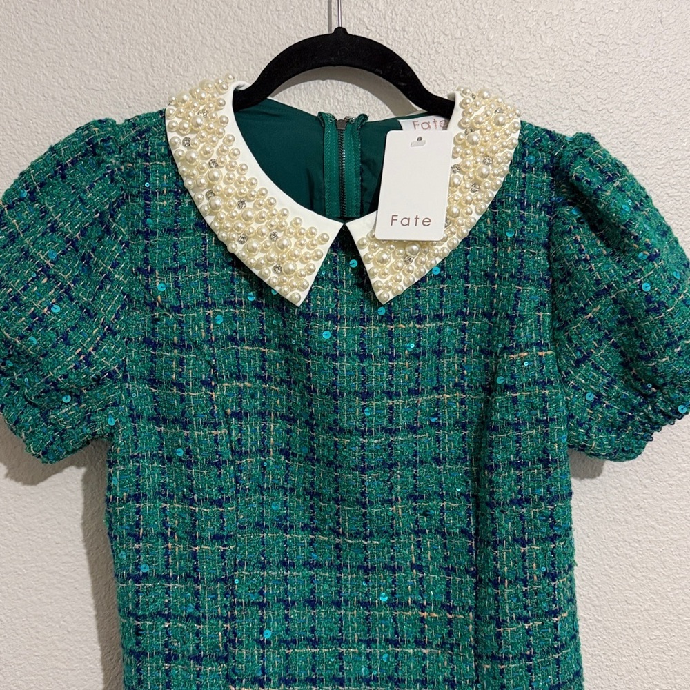 Fate Emerald Tweed Dress with Pearl Accents Collar Sequins - Picture 3 of 7